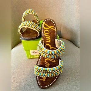 NWT Sam Edelman flat sandals with blue, orange and gold beaded straps. Slip on.
